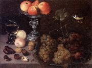 Georg Flegel Still life of grapes on a pewter dish,together with peaches,nuts,a glass roemer and a silver tazza containing apples and pears,and a blue-tit USA oil painting reproduction